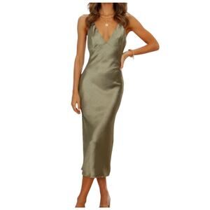 Hello Molly Text Me Later Midi Dress Olive Green V-neck Size 4
